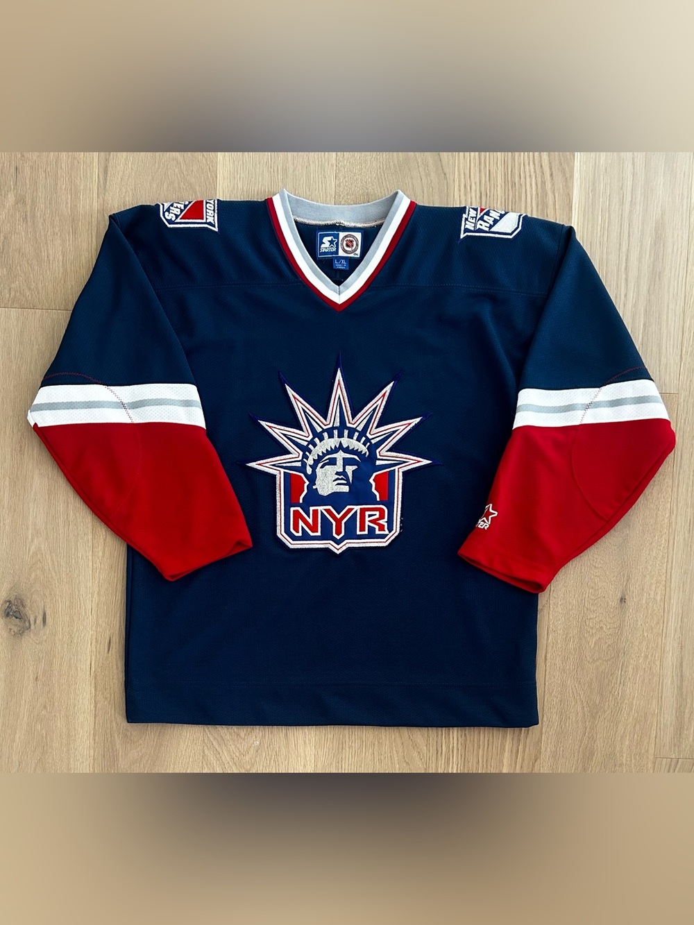 Vintage 90s Starter New York Rangers Lady Liberty NHL Hockey Jersey - Size L/XL